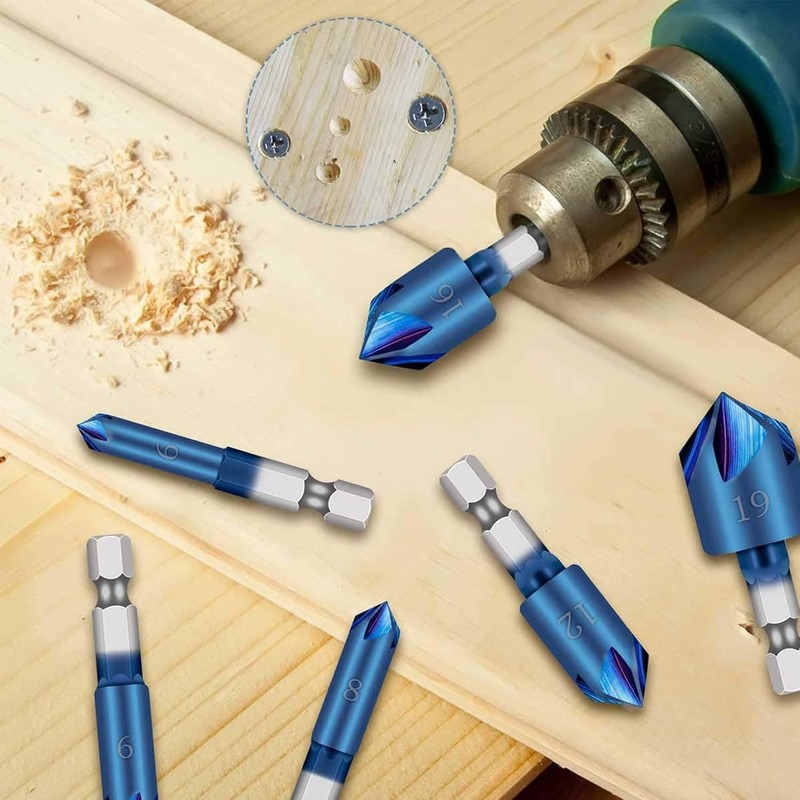 KEWAYO 6-Piece Countersink Set, Hexagonal Countersink Drill Bit 90° Angle