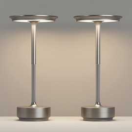FDIDC Rechargeable 2 Pack Cordless Table Lamps, 5000mAh Portable LED Table Light, 3 Color Stepless Dimming Battery Powered Metal Table Lamp for Outdoor Patio/Bedroom/Camping.(Silver)