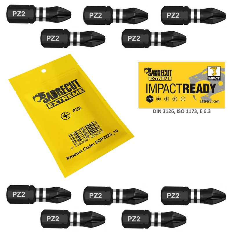 10 x SabreCut SCPZ225_10 25mm PZ2 Impact Screwdriver Driver Bits
