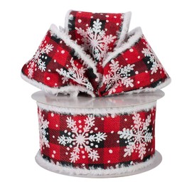 Buffalo Plaid Snowflake Wired Ribbon - 2 1/2" x 10 Yards, Christmas, White Snowflakes on Red & Black Checks, Fuzzy Flocked Edges, Wreath, Farmhouse, Garland, Gifts, Wreath, Wrapping, Bows