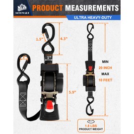 METOWARE Retractable Ratchet Straps (2-Pack) - 1 in x 10 Ft (1500lb Break Strength) - Heavy Duty Auto Self Retracting Tie Down Straps for Truck, Trailer, Cargo Van, Motorcycle - Black