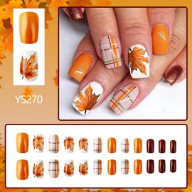 Fall Press on Nails Medium Square Orange False Nails Autumn Maple Leaves Fake Nails Glossy Full Cover Artificial Nails Yellow Acrylic Glue on Nails Medium Checkered Leaf Stick on Nails for Women Girls