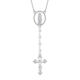YAFEINI Rosary Chain Sterling Silver Italian Solid Pearl Chain Cross & Roses Wreath Virgin Mary Pendant Y Necklace Catolicos Jewellery Gifts for Women, Gold, Moonstone