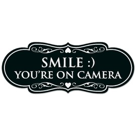 Signs ByLITA Designer Smile You're on Camera Sign - Easy Installation | Durable Wall or Door Sign (Black) - Medium