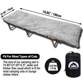 Sleeping Cot Pads (75" x 29") Portable for Camping & Hiking with Elastic Straps, Cotton Soft Thick Cot Pad,Waterproof - Grey