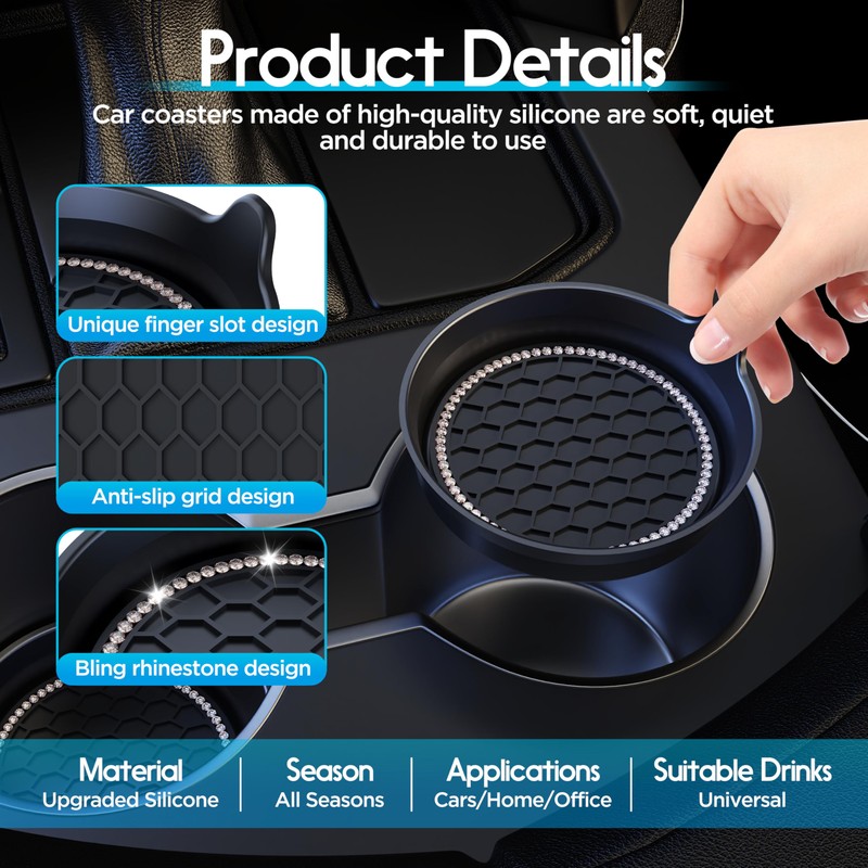 Amooca Car Cup Coaster Universal Non-Slip Cup Holders Bling Crystal