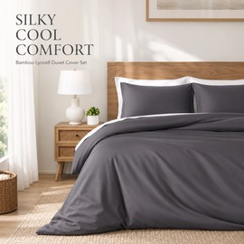 White Bamboo Lyocell Duvet Cover Set, 3-Piece Queen 78.74 x 90.55 in, 400 TC Silky Cooling Bedding Set with 2 Pillowcases, No Sheet