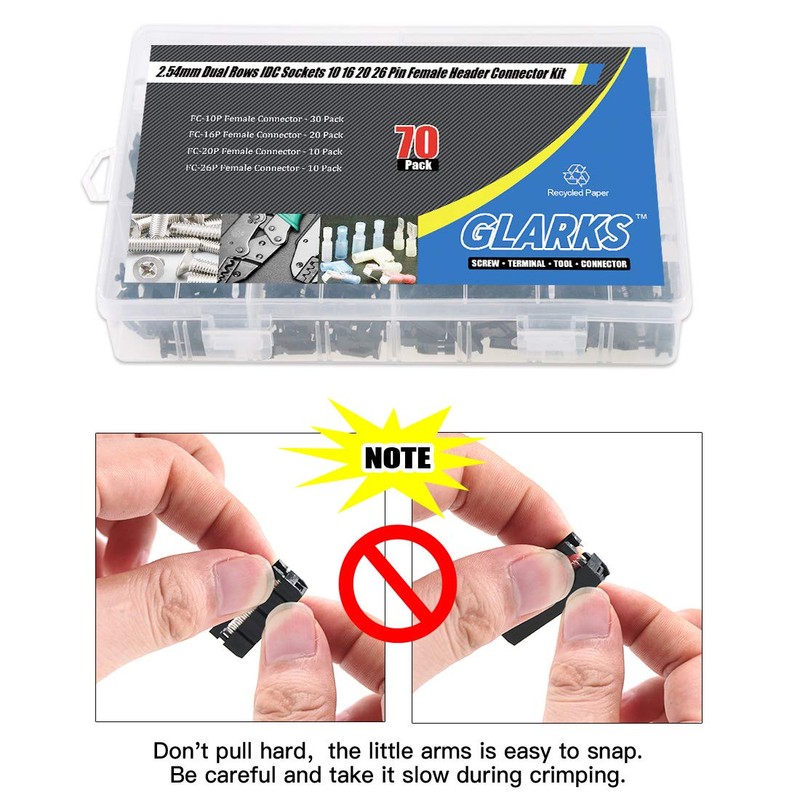 Glarks 70Pcs 2.54mm Pitch Dual Rows IDC Sockets 10 16