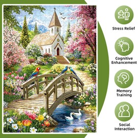 Puzzles for Adults 500 Pieces,Charming Lakeside Church Puzzle for Adults,Beautiful Flower & Parrot Jigsaw Puzzles for Kids Seniors Teens,Puzzles for Family Game Nights & Holiday Party Gifts,20.5x15 In