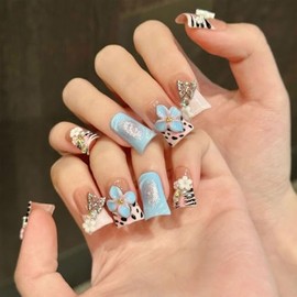 Medium Duck Press on Nails Handmade Nails with Glue,Nude Pink False Nails with Luxury Rhinestone 5D Flower Art Design Thick False Nails Muti-Layer Gel 100% Handmade Nail for Women (Size S)