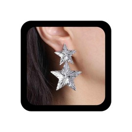 Aneneiceera Boho Hammered Star Drop Earrings Vintage Star Dangle Earrings Silver Double Heart Stud Earrings Large Exaggerated Star Earrings Jewelry for Women
