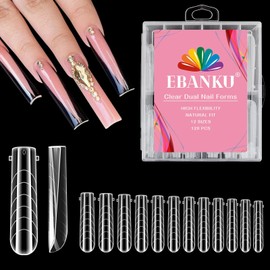 EBANKU 120Pcs Poly Gel Nail Forms, Long Full Coffin Clear Dual Nail Forms for Pedicures Reusable Nail Tips Mold for Polygel Pedi Extensions, 12 Sizes