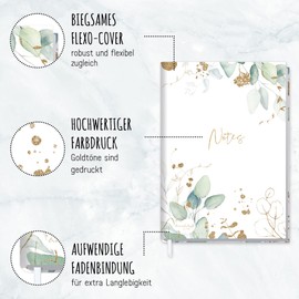 Trendstuff by Häfft Notebook A5 Squared [Gold Leaf] 124 Pages, 62 Sheets Ideal as a Diary, Bullet Journal, Idea Book, Writing Book, Climate Friendly and Sustainable
