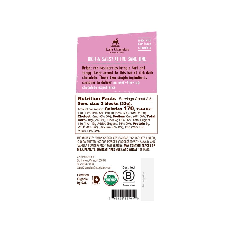 Lake Champlain Organic Raspberries & Dark Chocolate Bar, 3 Ounces