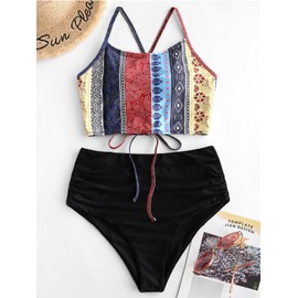 ZAFUL Women's Padded Bohemian Lace Up Tummy Control High Waisted Tankini Swimsuit Boho Two Piece Bathing Suit,XL