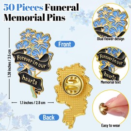 Misdary 75 Pieces Funeral Memorial Pins Bulk Blue Flower Brooches Forever in Our Hearts Lapel Pin Funeral Favors for Mourning Remembrance Day