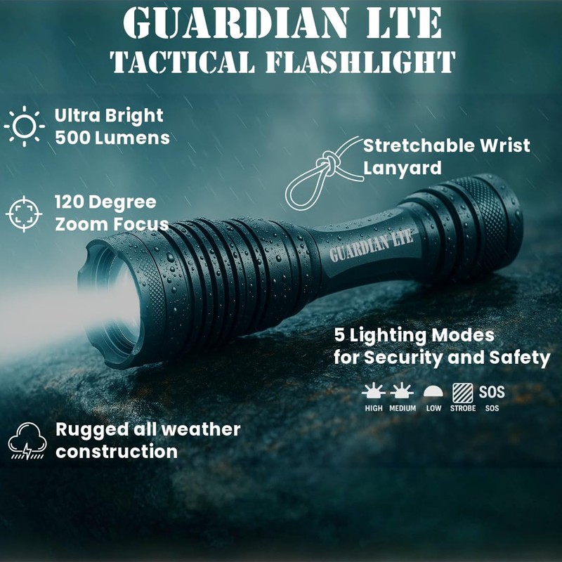 Guardian LTE Tactical Flashlight, 500 Lumens, Zoom‑Focus, Water‑Resistant IPX5, 5
