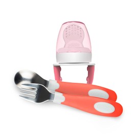 Dr. Brown's Designed to Nourish, Fresh Firsts Silicone Feeder, Pink with Soft-Grip Spoon and Fork Set, Coral