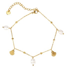 Mikovivi Dainty Anklets for Women, Gold Shell Pearl Charm Ankle Bracelet Trendy Non-Tarnish Adjustable Summer Beach Jewelry for Women