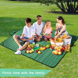 SOMIYAMI Picnic Blanket Waterproof, Tartan Camping Blanket, Picnic Mat With Carrying Handle, Garden Outdoor Beach Blanket Washable Multipurpose Camping Blanket 150 x 200cm (Green)