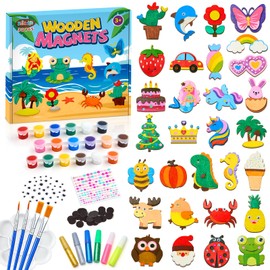 Bridokit 30 Wooden Magnet Craft Kits for Kids, Arts and Crafts for Kids age 3+, Paint Your Own Gift for Boys Girls, Glow in the Dark Fridge Magnets for Birthday Parties, Family Crafts and Presents