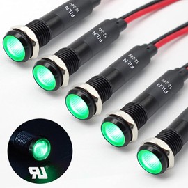 FILN - 5 luces indicadoras LED de 8 mm (5/16 pulgadas), 12 V, 24 V, metal, aluminio, anodizado negro, impermeable, ip67, luz de señal roja (12 V, negro, anodizado, verde, 5 piezas)