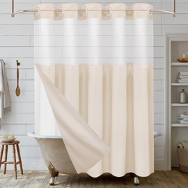 Eazzier Bath No Hook Linen Shower Curtain with Snap in Liner Set, Hotel Luxury Style Beige Shower Curtain with See Through Top Window, Machine Washable & Water Repellent, 72W x 72L Standard Size