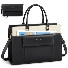 RAINSMORE Laptop Bag for Women 15.6 inch Leather Laptop Tote Bag Large Computer Bags Waterproof Business Office Work Bags Briefcase with Satchel Purse 2pcs Set, Black