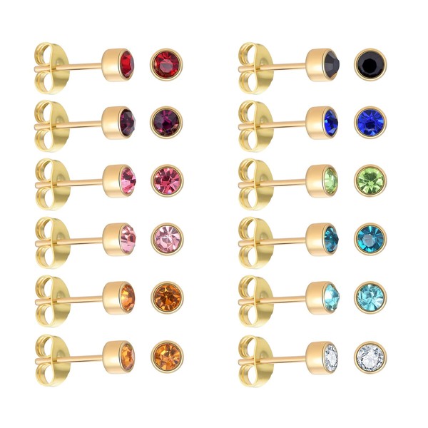 12 Pairs 18K Yellow Gold Plated Surgical Stainless Steel Stud