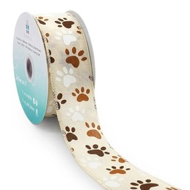 CT CRAFT LLC Ivory Canvas Dog Paw Wired Ribbon 1.5 Inch x 10 Yards for Christmas Home Decor Tree Topper Bow Gift Wrapping DIY Crafts Wreath Garland