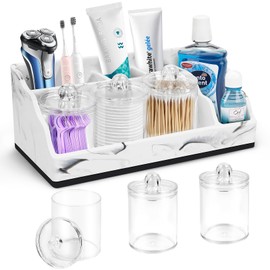 Bathroom Organizer Countertop, Large Toothbrush Holders for Bathroom Counter Organizer with 3PCS Qtip Holder Dispenser, Toothbrush and Toothpaste Holder for Bathroom Accessories Counter Vanity Storage