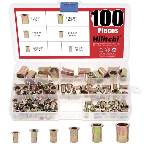 Hilitchi 100 Pcs UNC Rivet Nuts Threaded Insert Nut Assortment