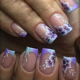 Gradient French Tip Press on Nails Short Square Fake Nails Purple Flower Stick on Nails Spring Acrylic Glue on Nails Glossy Artificial Nails Full Cover False Nails Reusable Nails for Women Girls 24Pcs