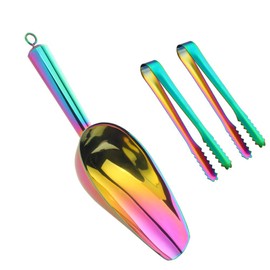 Mingcheng Stainless Steel Ice Scoop and Ice Tongs Small, Round Bottom Bar Ice Utility Scoop, 6 Inches Serving Tongs with Teeth for Large Cubes, Freezer, Ice Bucket Copper, Set of 3 (Rainbow)
