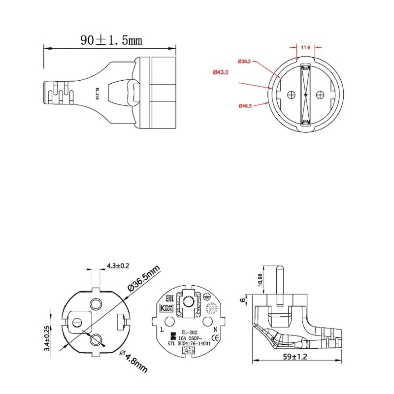 European Power Extension Cord, CEE7/7 Schuko Male to Female, 16A