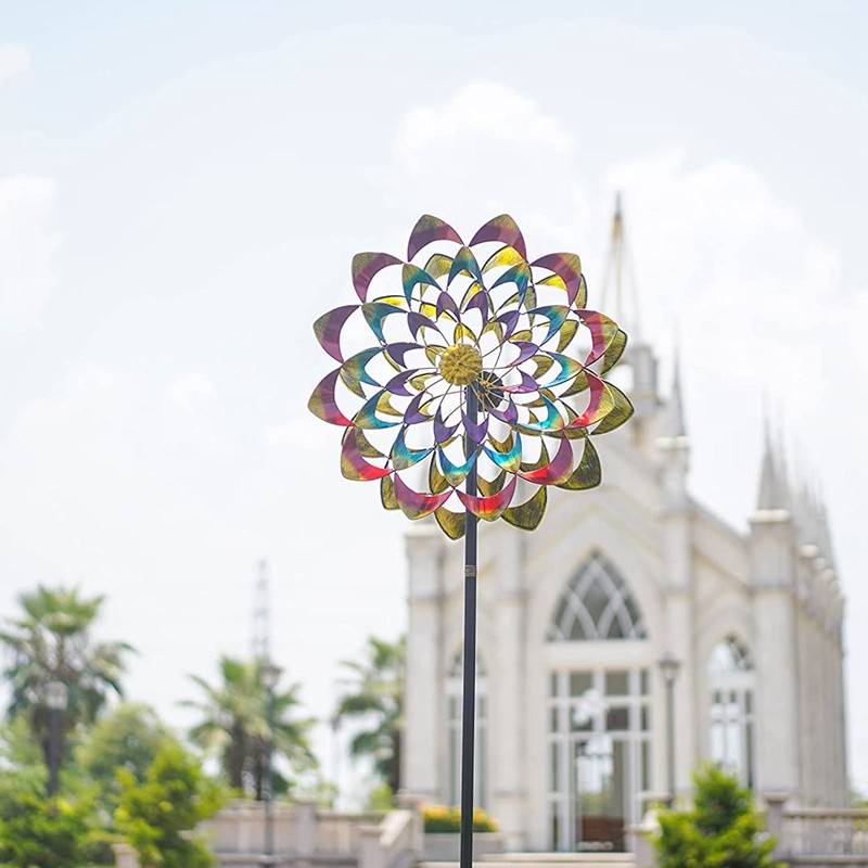 Outdoor 3D Windmill Colourful Exquisite Metal Wind Spinner with Ground
