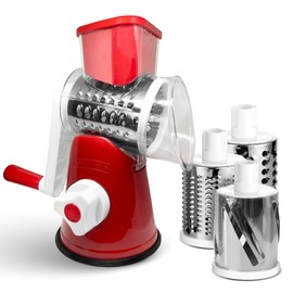 Rotary Cheese Grater, 3 in 1 Cheese Shredder Grater Rotary with Handle and Strong Suction Base for Kitchen Countertops, Vegetable Mandoline Slicer & Nut Shredder