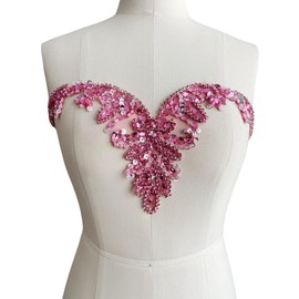BDACY. HCMY Handmade Rhinestones Beads Applique sew on Crystal Sequins lace Trim Patches Accessories for Dress Clothing Neckline Shiny Bead Decorative Material 17X6in (Pink)