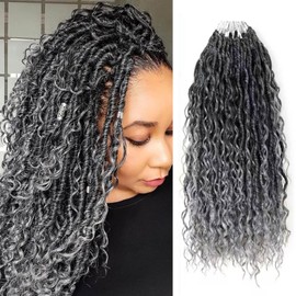 Saisifen 96 Strands Boho Goddess Locs Crochet Hair for Black Women Soft Faux Locs with Curly Ends, Pre-Looped Crochet Braids Ombre Grey 24 Inch
