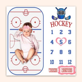 PHMOJEN Baby Monthly Milestone Blanket, Hockey Stick Stadium Month and Age Blanket for Nursery, Girl 1-12 Months, Includes 4 Frame and 1 Headband 40"x40" BTLSPH286
