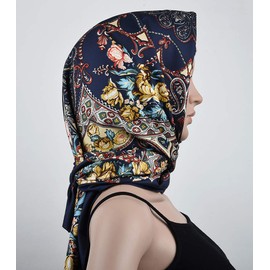 corciova XL 40x40 Inch Extra Large Silk Satin Scarf Tops for Women Head Wraps Shirt Oxford Blue Paisley Flowers Bandana Curly