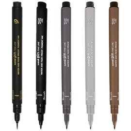 Uni Pin Fineliner Drawing Brush Pens - Brush Nibs - Black, Light Grey, Dark Grey, Sepia Ink - Assorted Pack of 5