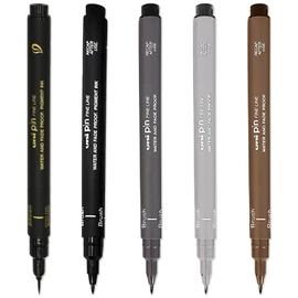 Uni Pin Fineliner Drawing Brush Pens - Brush Nibs - Black, Light Grey, Dark Grey, Sepia Ink - Assorted Pack of 5