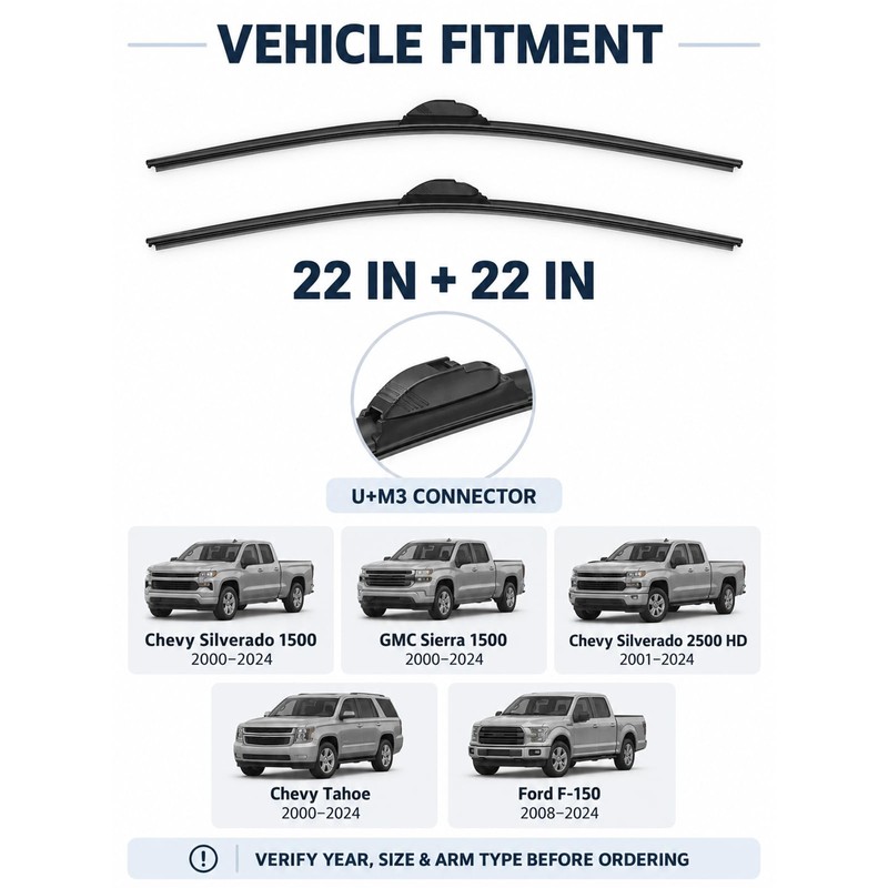Windshield Wiper Blades, 22"+22", Stable, Quiet, All Season 2 Pack