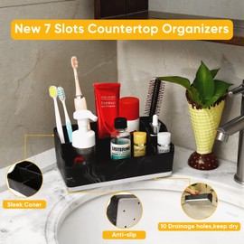 TOSHISON Toothbrush Holder Bathroom Organizer Countertop, New 7 Slots Electric Tooth Brush Toothpaste Holder Bathroom Counter Stand Sink Organizer Caddy for Vanity Makeup Brushes -Black Resin Marble