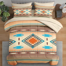 Pamnest Comforter Set Full Size, Southwest Western Geometric 7 Pcs Bedding for Kids and Adults, Mexico Stripe Turquoise Bed Sheet Sets with Fitted Sheet 2 Pillowcases & 2 Shams