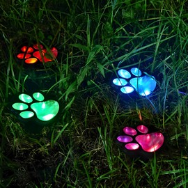 4 Pack Paw Print Solar Light Outdoor,Solar Dog Paw Light for Garden Decorations,IP65 Waterproof Solar Powered Yard Cat Puppy Lights for Lawn Pet Cemetery Pathway Patio Pet Lovers (Colored Light)