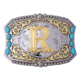 Btilasif Western Belt Buckle Cowboy Rodeo Initial Letters ABCDEFG to Z Turquoise Belt Buckle for Men Women (R)