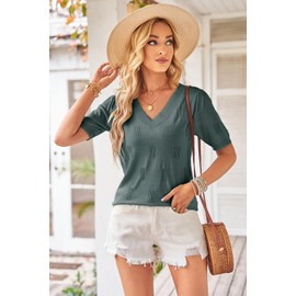 Arach&Cloz Women's Summer Fall Tops 2025 Short Sleeve Plus Size Sweaters V Neck Trendy Fashion Knit Clothes Dressy Cute Casual Outfits Business Work Blouse Grey Green XL