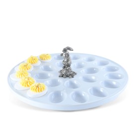 Vagabond House Stoneware Deviled Egg Tray with Pewter Standing Rab; 13" Diameter